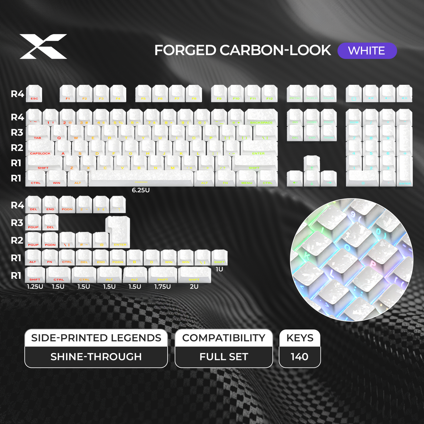 White cherry-profile PC keycap set, side-printed shine-through legends, full set, 140 keys