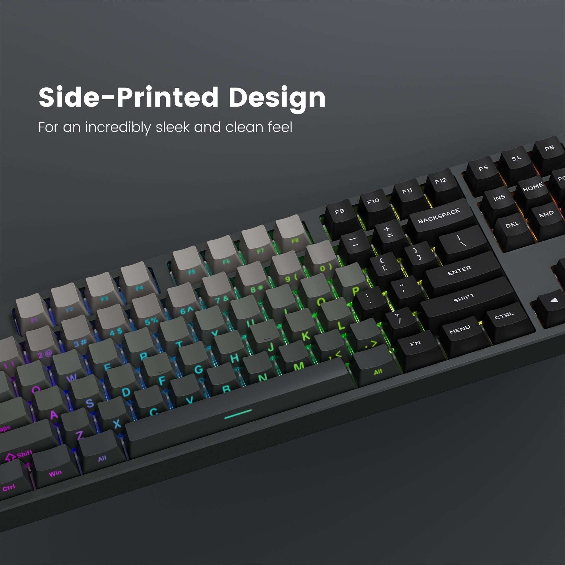 Side-printed keycap layout with multicolor legends across an OEM profile keyboard row