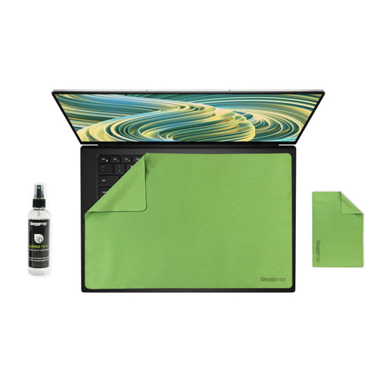 15.6 in laptop protector kit with green microfiber cover and cleaner spray bottle