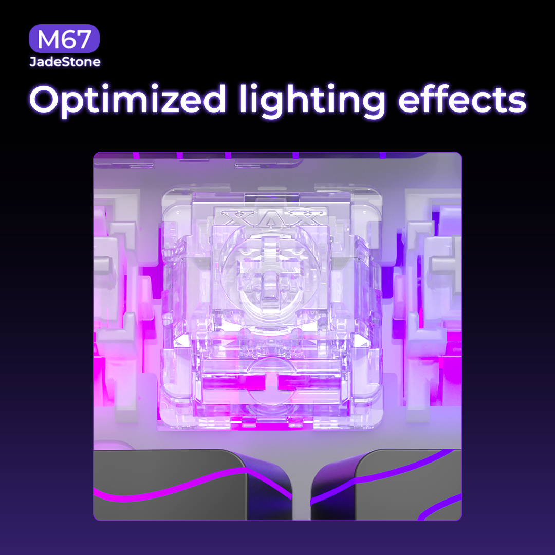 Clear mechanical keyboard switch area with purple-magenta RGB lighting and curved glow