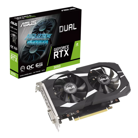 ASUS DUAL GeForce RTX 3050 graphics card with dual cooling fans, black heatsink