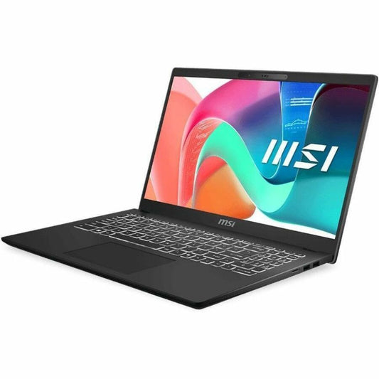 MSI Modern 15 laptop, open with black keyboard and colorful display