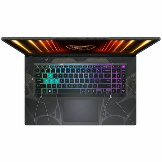 MSI CYBORG 15 laptop keyboard with colorful RGB lighting, top view
