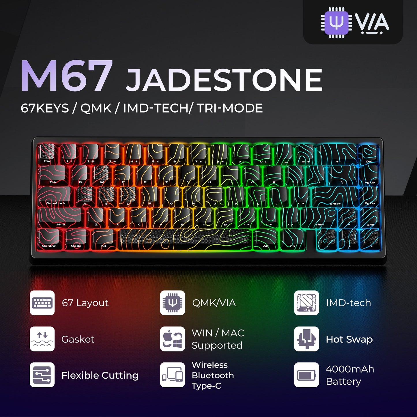 Mechanical keyboard top view with rainbow RGB backlighting across black frame and keys
