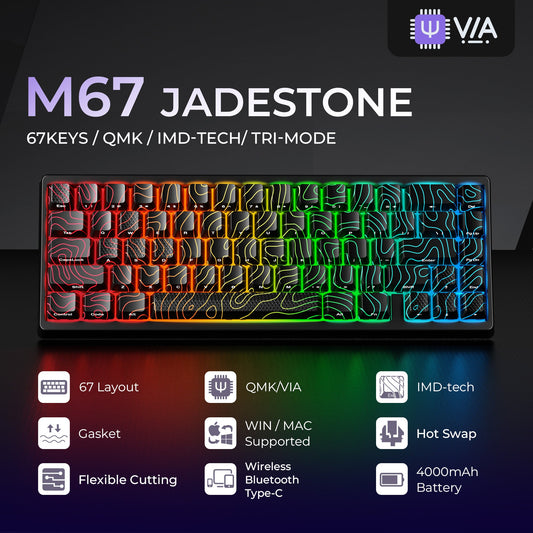 Mechanical keyboard top view with rainbow RGB backlighting across black frame and keys