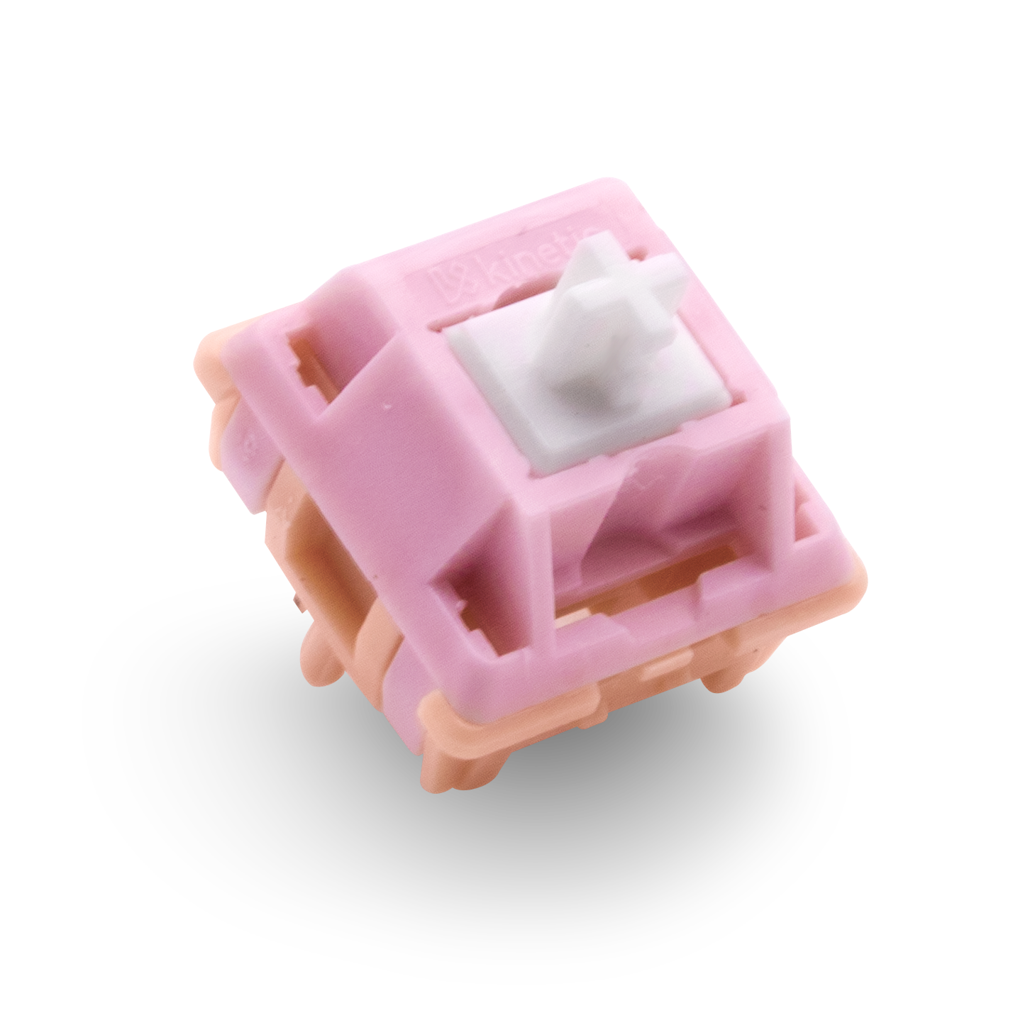 Kinetic tactile switch with pink housing and white cross stem, angled view