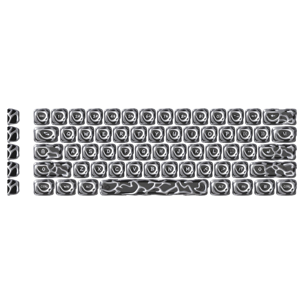 Silver metallic keycap set with engraved legends, full layout in rows