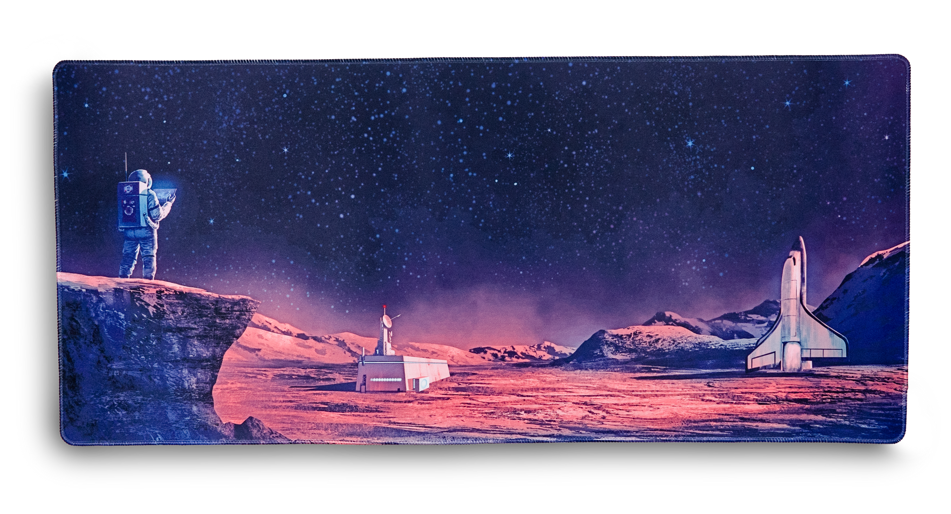 Desk mat close-up, rounded rectangle with purple starry space landscape