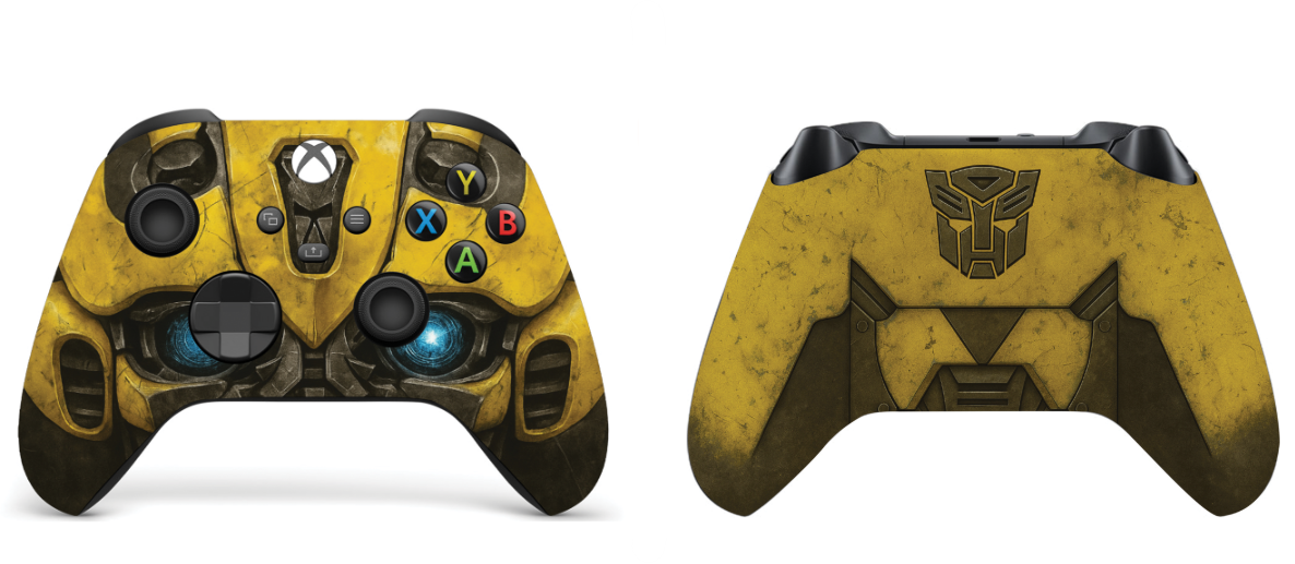 Bumblebee-themed controller front and back views, yellow textured shell and black buttons