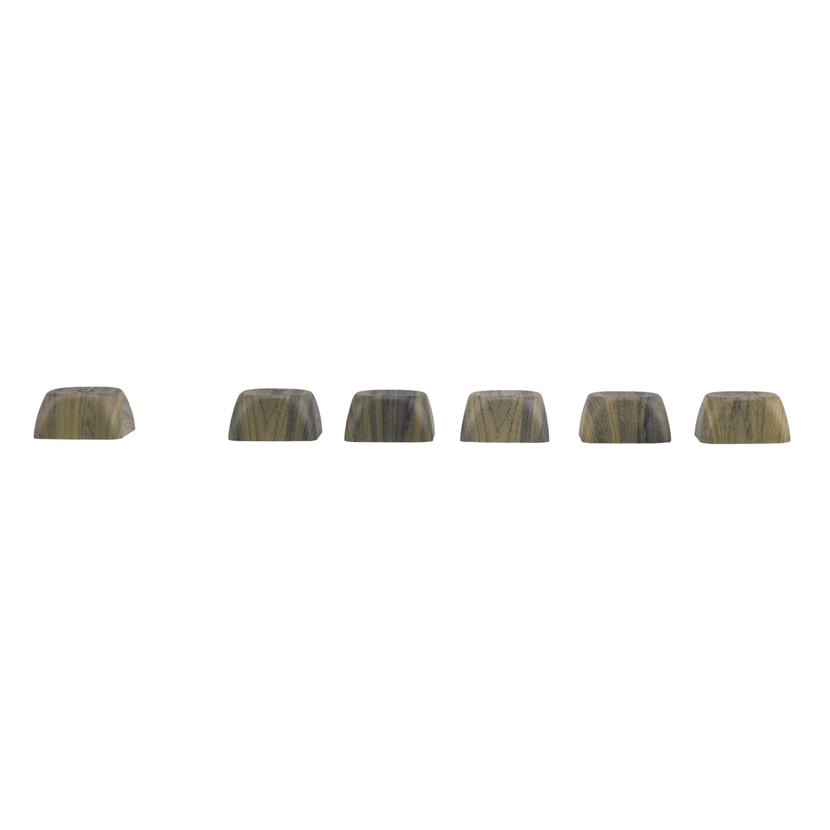 Wood-grain MOA profile keycaps shown as a small row of curved caps, blank legends