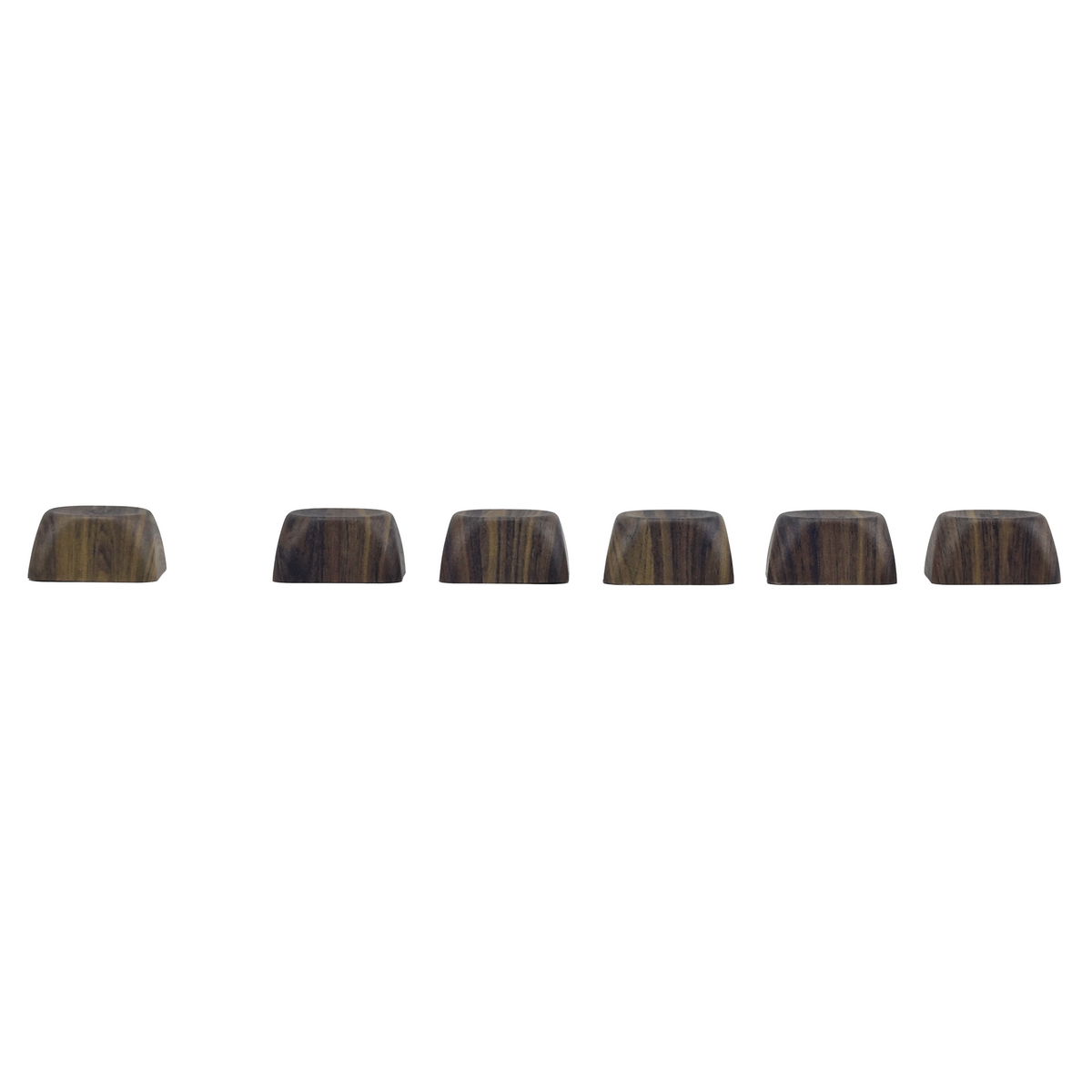 Wood-grain keycap row, MOA profile with curved tops and blank key legends