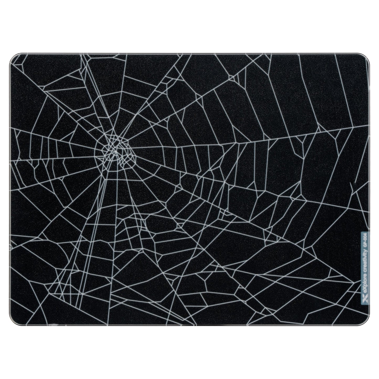 Tempered glass mouse pad with black base and white web-like geometric pattern