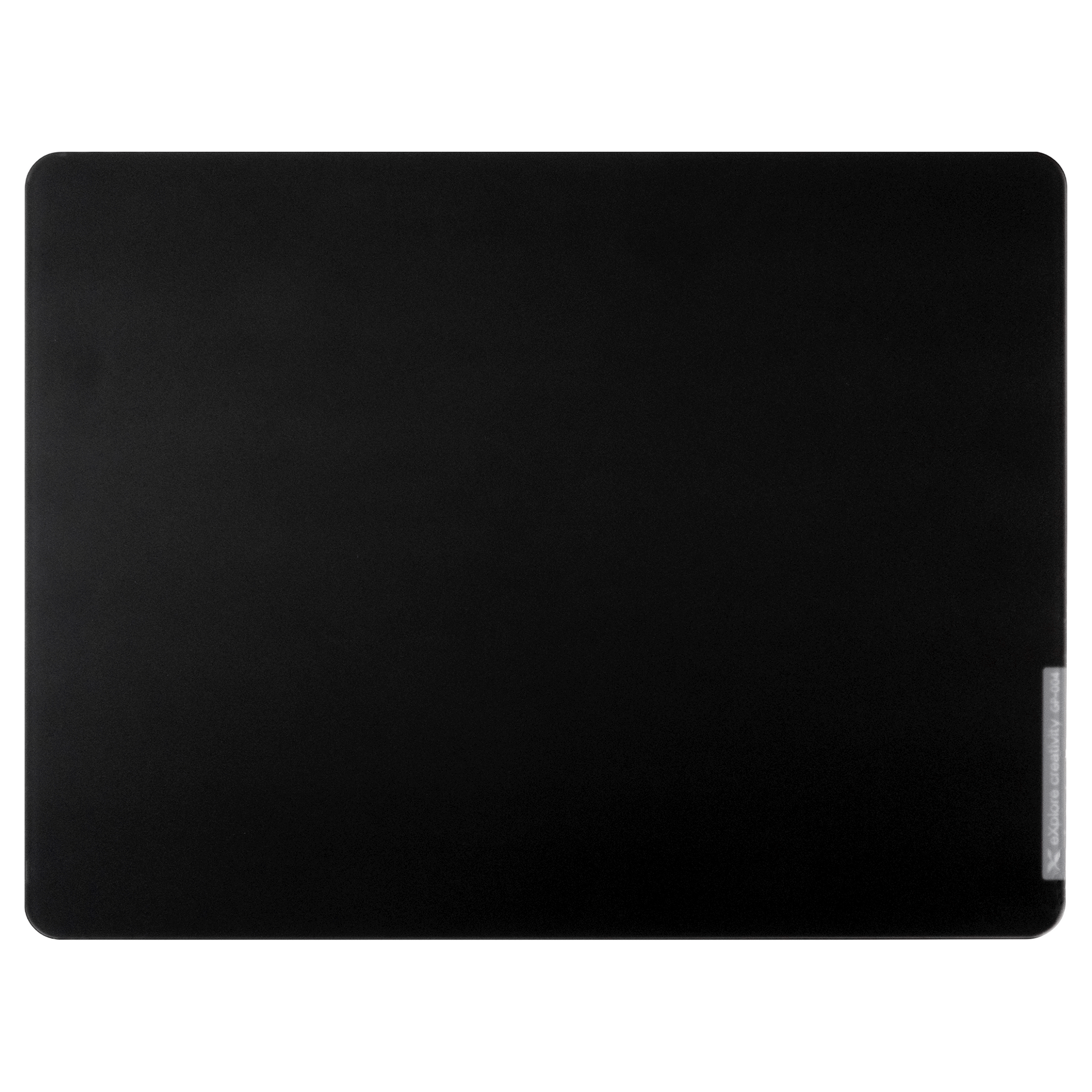 Tempered glass mouse pad with solid dark surface and rounded corners
