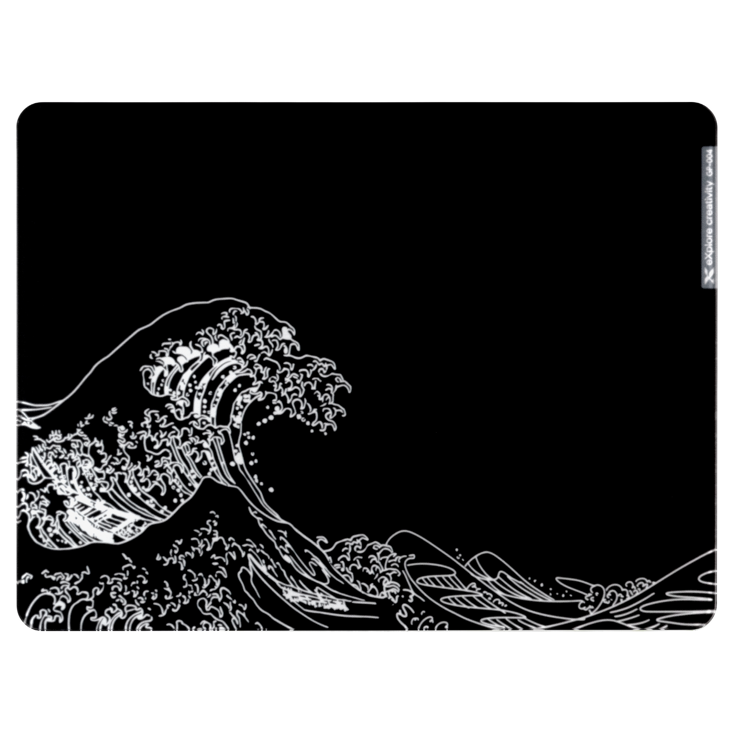 Tempered glass mouse pad with dark base and white wave illustration design