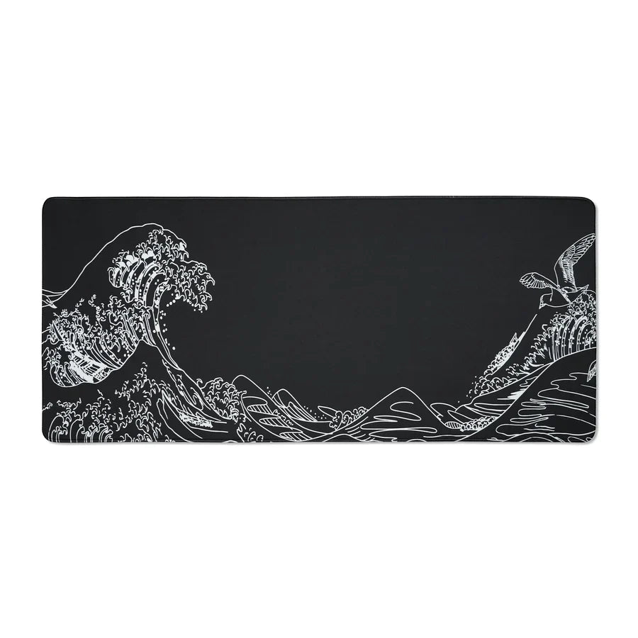 Large black Kanagawa outline desk mat with white wave and boat line art.