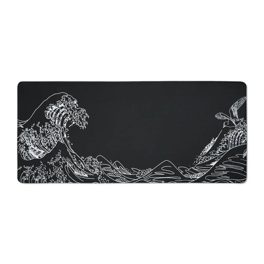 Large black Kanagawa outline desk mat with white wave and boat line art.