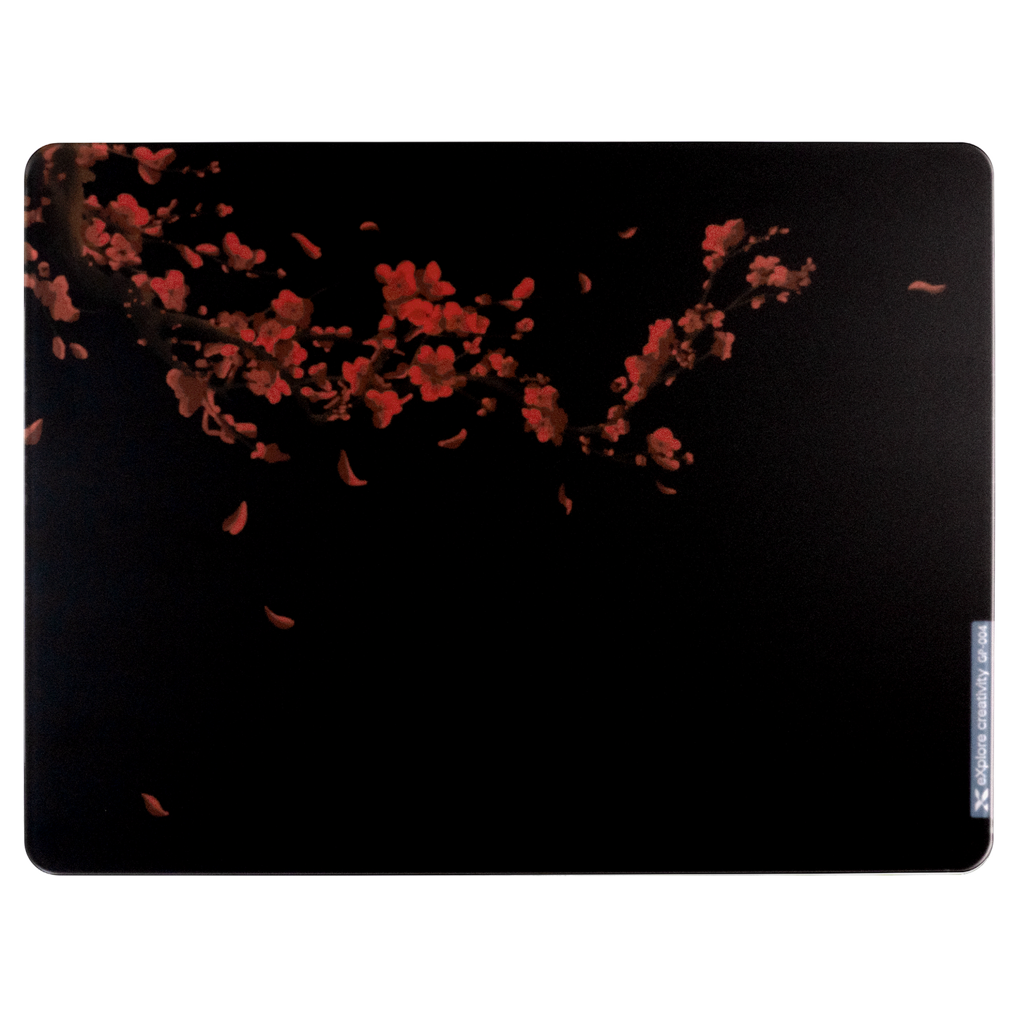 Tempered glass mouse pad with red cherry blossoms and petals on dark surface