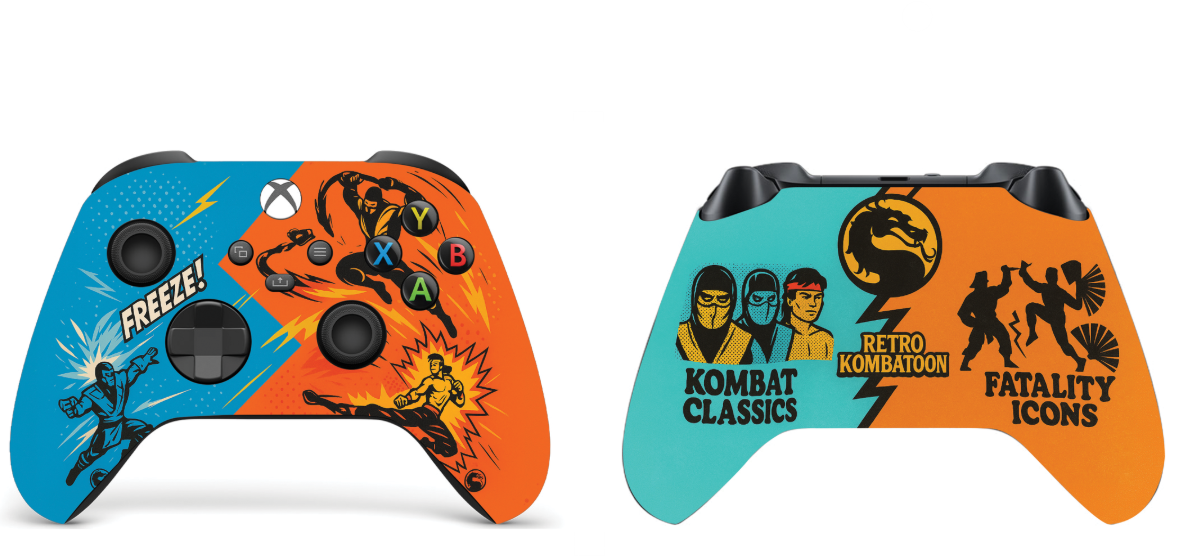 Two Xbox controllers showing retro Mortal Kombat front prints, blue and teal with orange