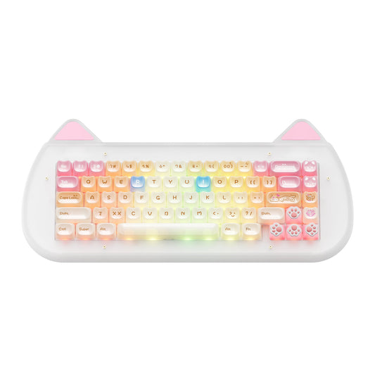 Pink acrylic cat-themed wireless mechanical keyboard with colorful backlit keycaps