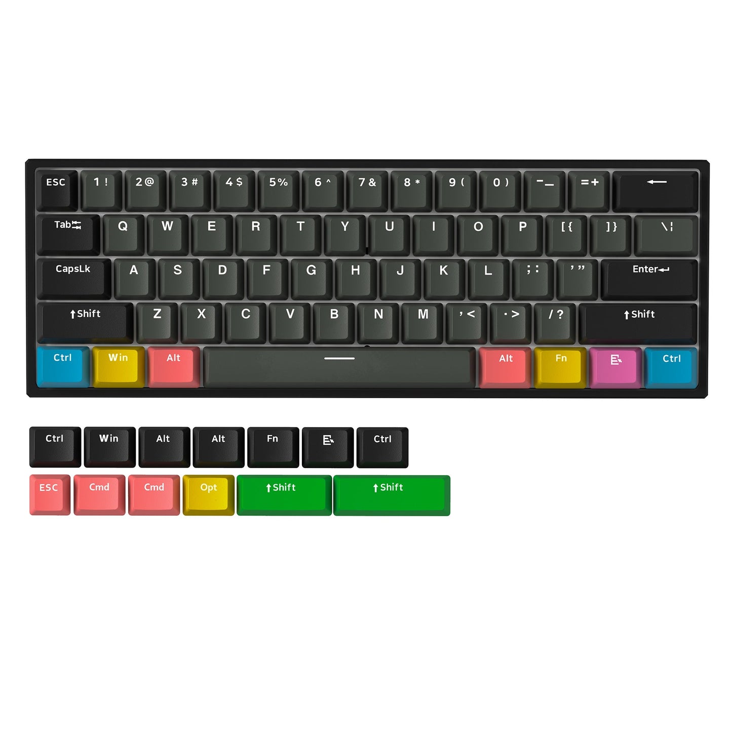 Mechanical keyboard with dark keycaps and colorful modifier keys, front view