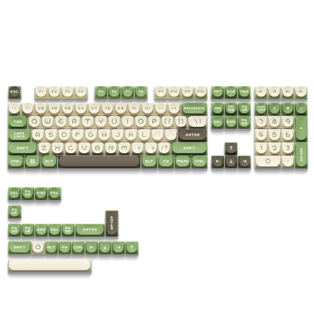 Olive and cream keycap set with mint green and darker green mods, sculpted profile