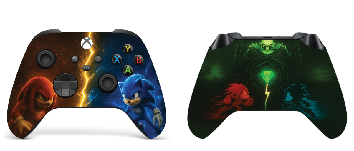 Black Xbox Series X/S controller with green backlit design, red and blue character graphics