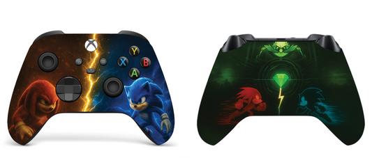 Black Xbox Series X/S controller with green backlit design, red and blue character graphics