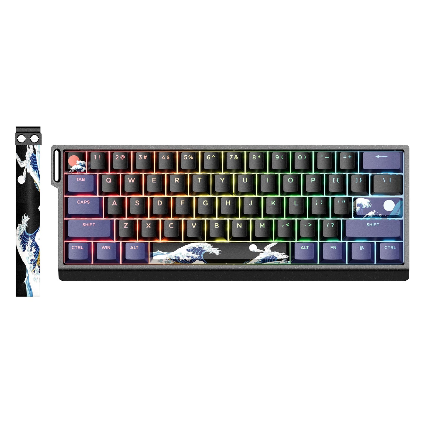 Coral Sea themed mechanical keyboard with black keycaps and RGB backlighting, full layout