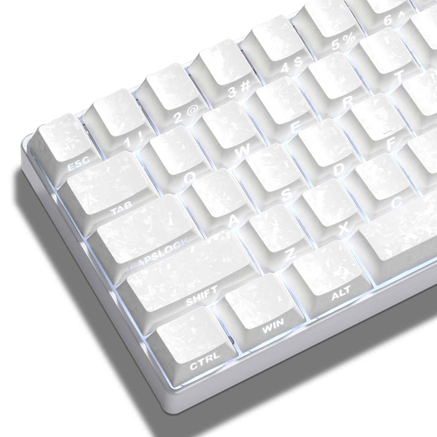 White cherry-profile PC keycaps with side-printed legends, backlit glow accent