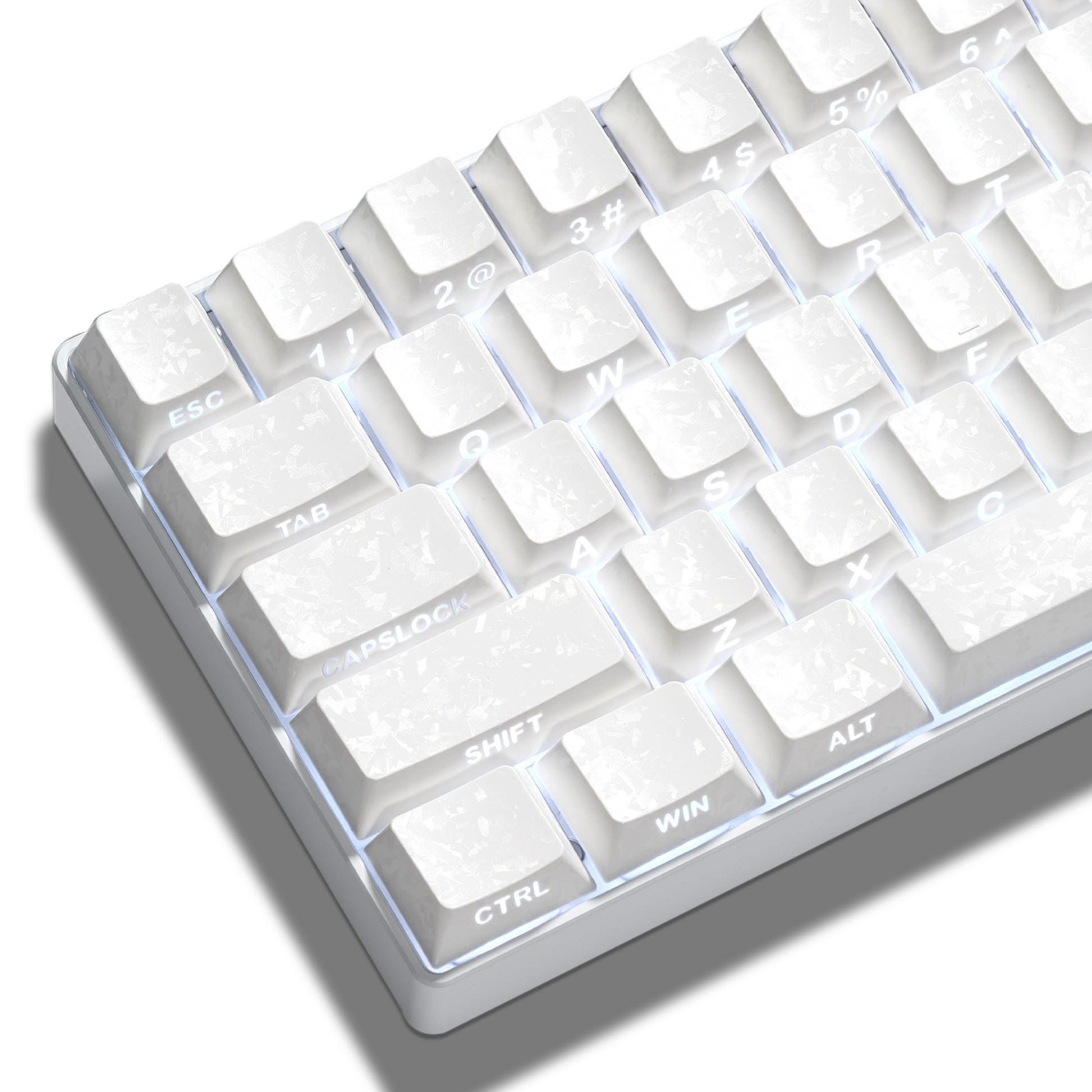 White cherry-profile PC keycaps with side-printed legends, backlit glow accent