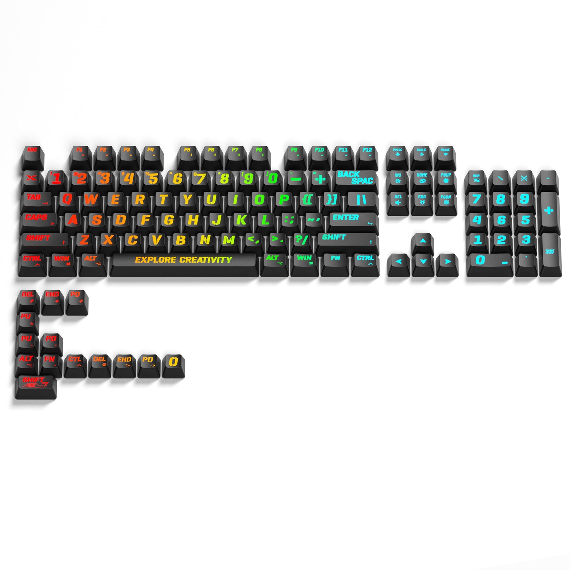 Black OEM profile keycap set with shine-through legends in neon red, green, blue, and yellow