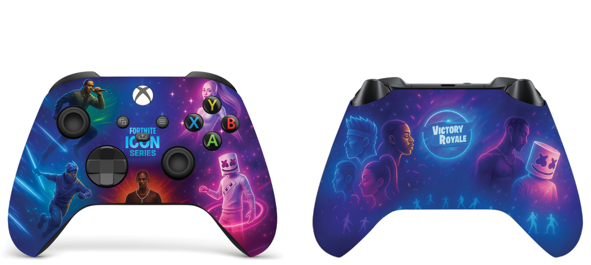 Gaming controller with Victory Royale back print and colorful front with button icons