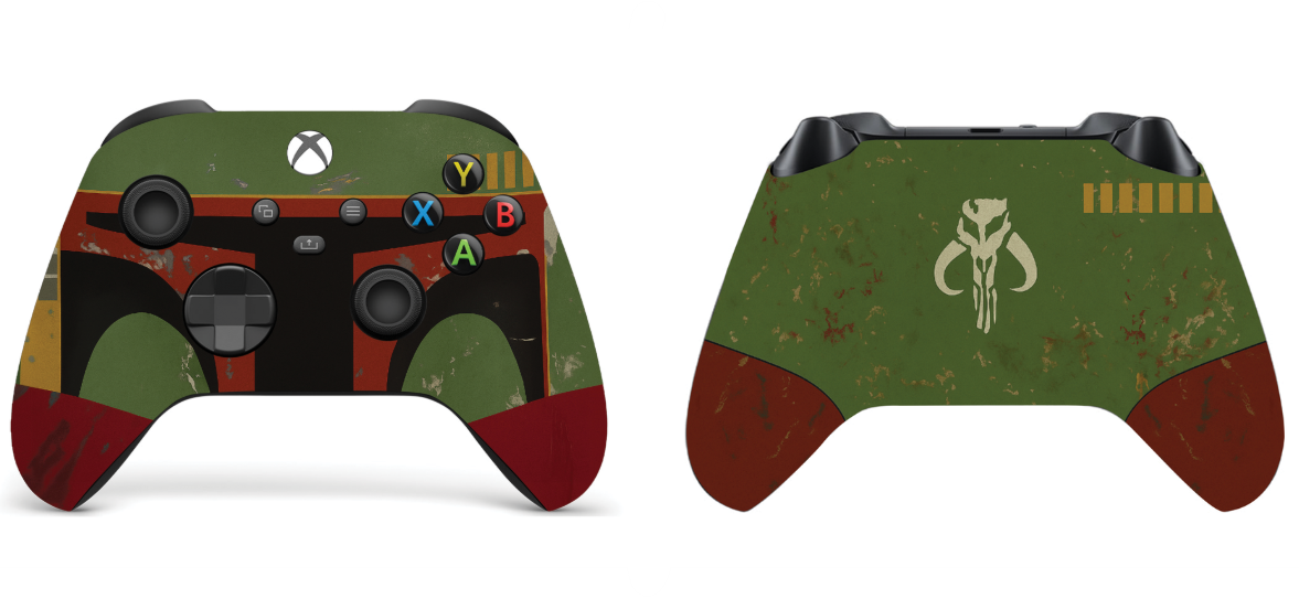 Xbox controller set showing front and back prints, green red armor pattern