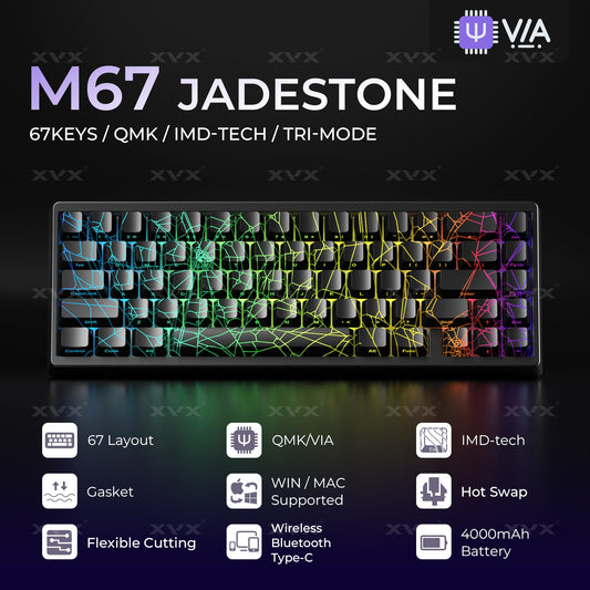 67-key black tri-mode RGB mechanical keyboard with spider-web backlit keys