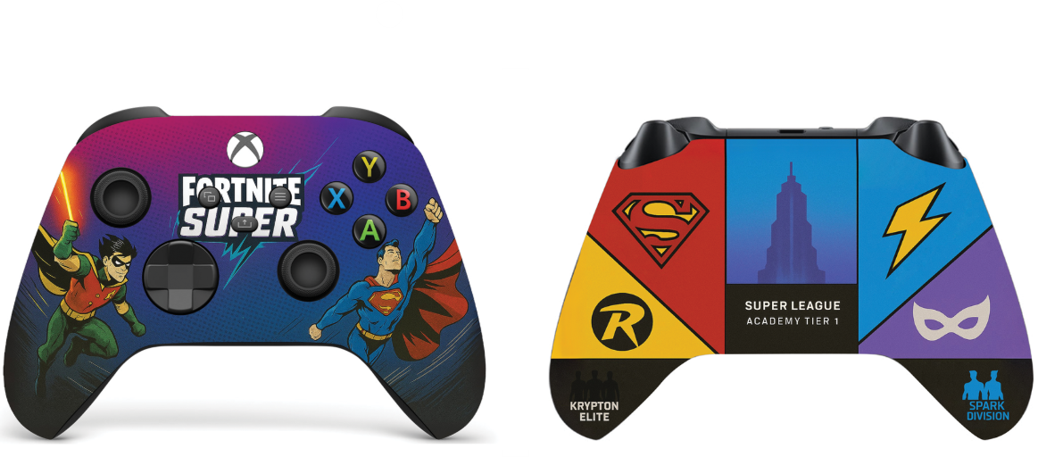 Xbox controller with Fortnite-inspired front and back print, Super League Academy logos