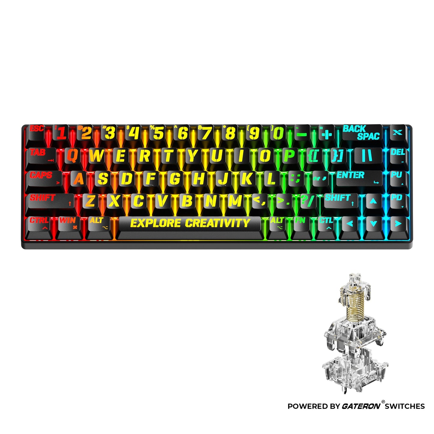 Gaming keyboard with neon blue and rainbow key legends and clear transparent magnetic switch