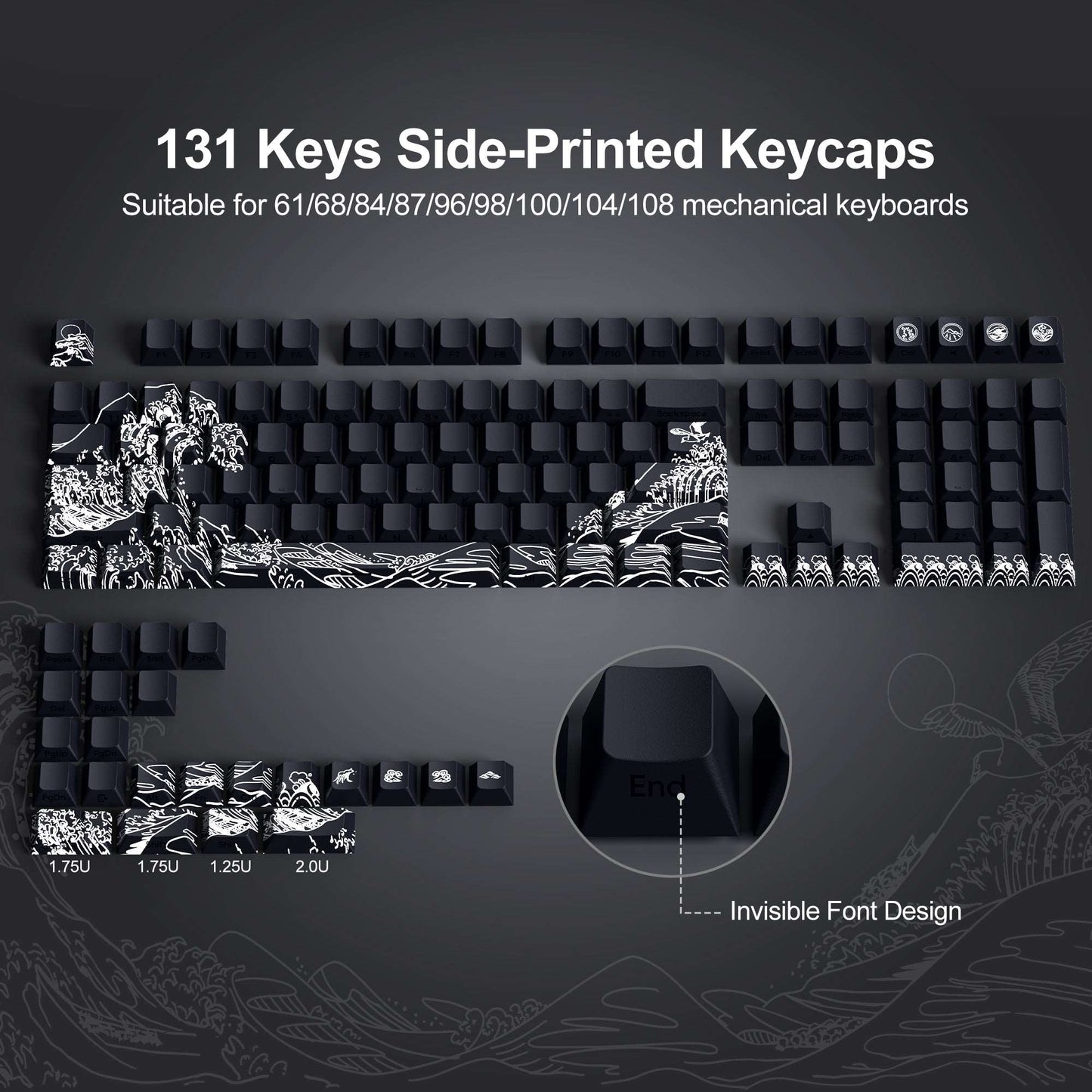Black keycaps with white wave side print and cherry-profile layout on keyboard