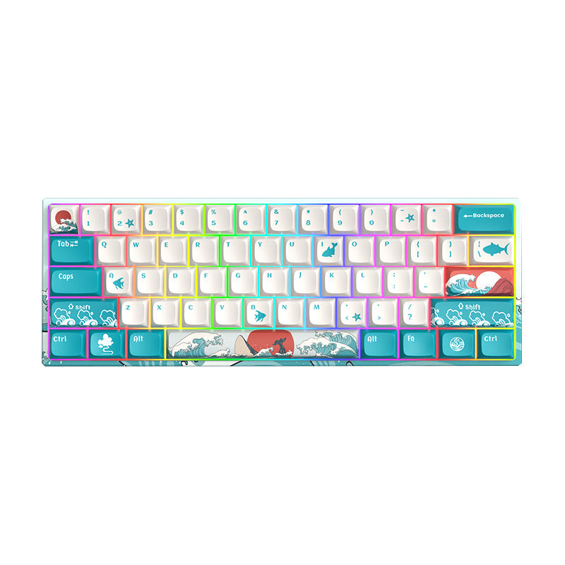 61-key mechanical keyboard with white and teal wave-themed keycaps