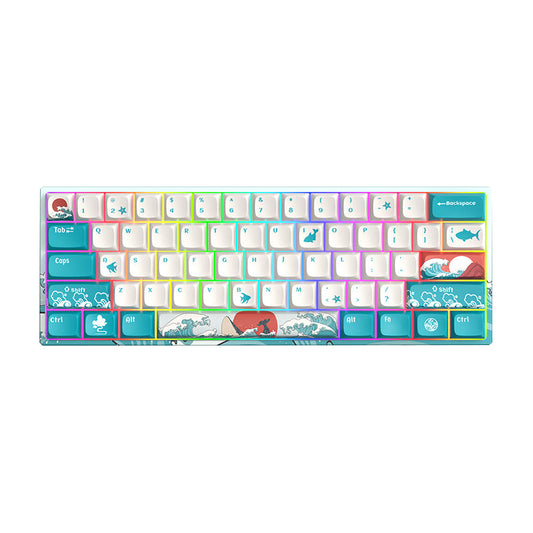 61-key mechanical keyboard with white and teal wave-themed keycaps