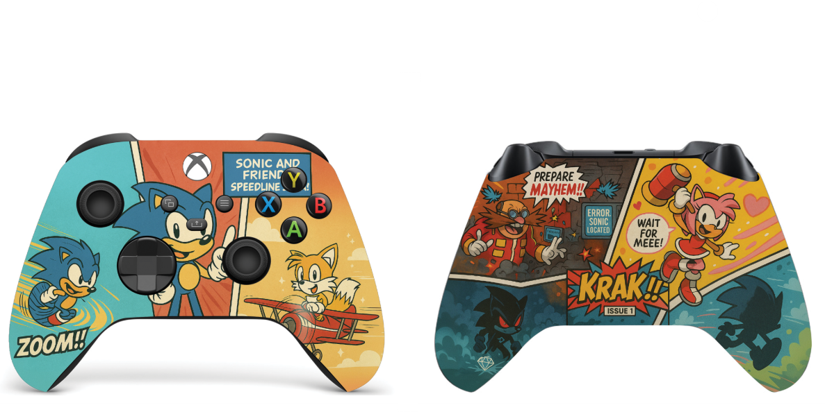 Two Xbox Series X/S controllers with comic-style wraps, left teal/orange and right dark