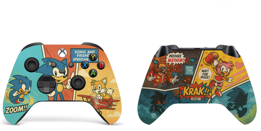 Two Xbox Series X/S controllers with comic-style wraps, left teal/orange and right dark