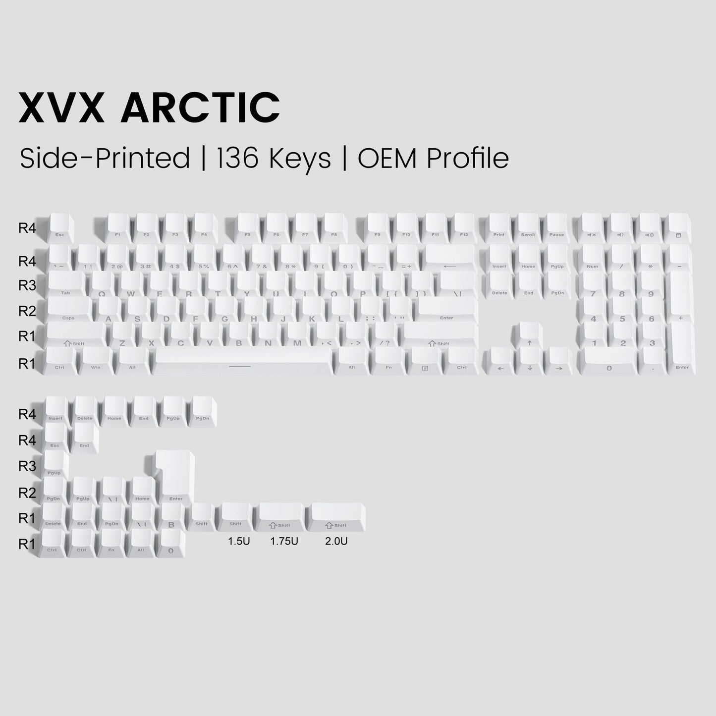 Arctic white OEM profile keycaps with side-printed legends across 136 keys