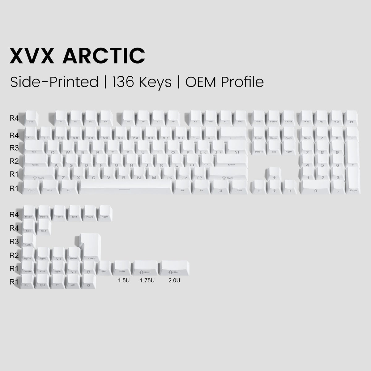 Arctic white OEM profile keycaps with side-printed legends across 136 keys