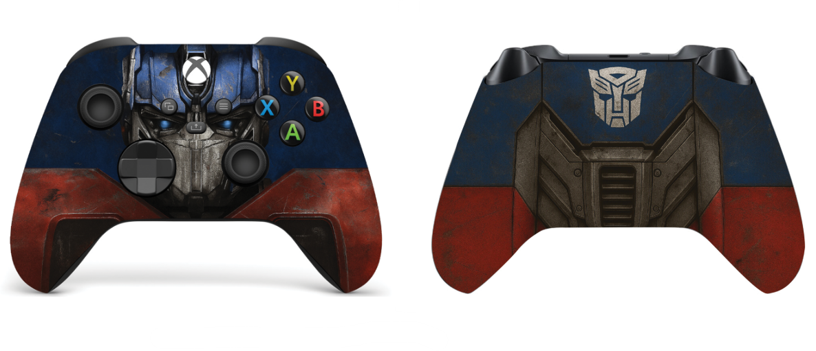 Two Xbox Series X/S controllers: front Optimus graphic and rear panel emblem