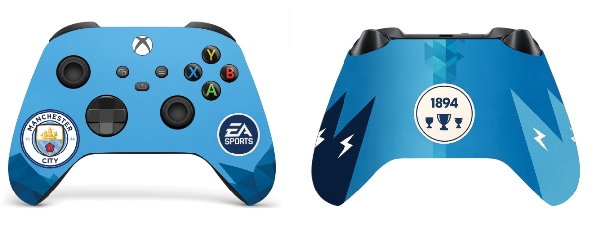 Blue Xbox Series X/S controller front and back with Manchester City crest and lightning graphics