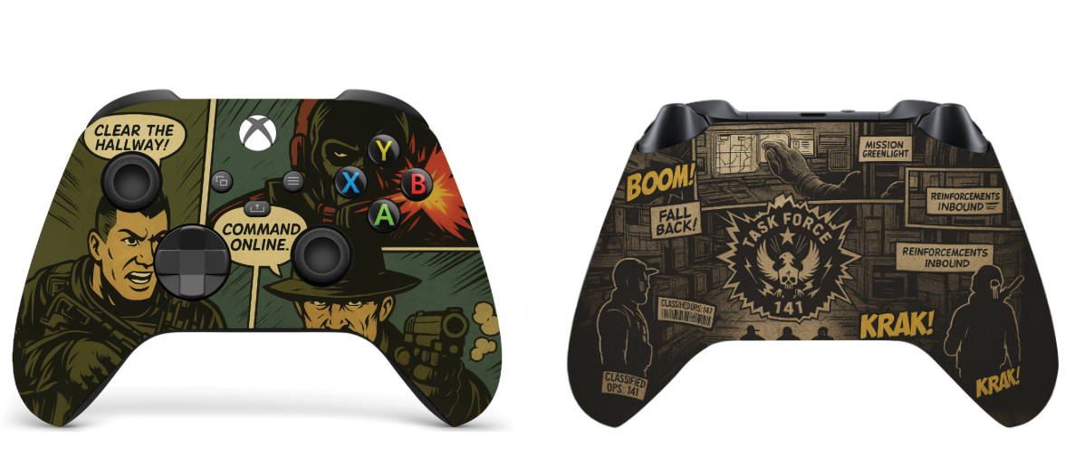 Xbox Series X/S controller front and back skins with comic character and text art