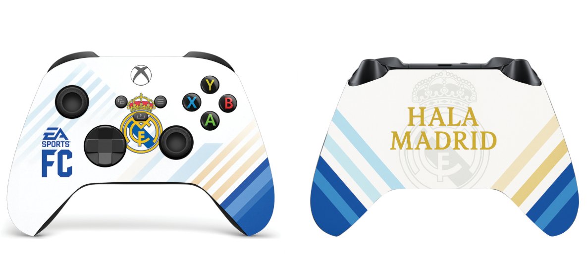 White Xbox Series X/S controller showing front FC emblem and back HALA MADRID print