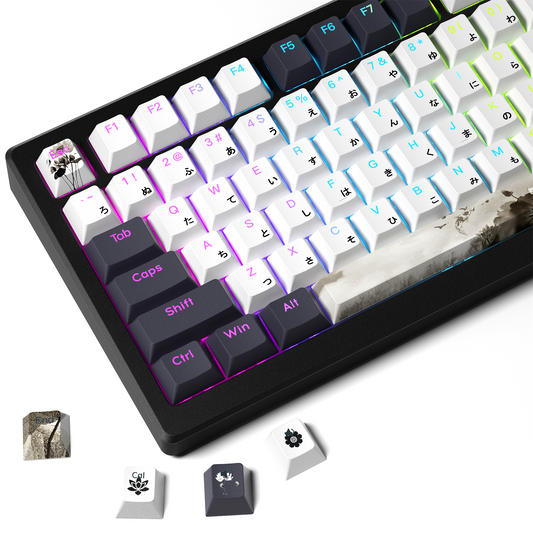 Cherry profile keycap set angled view with white, black, and neon blue/purple legends