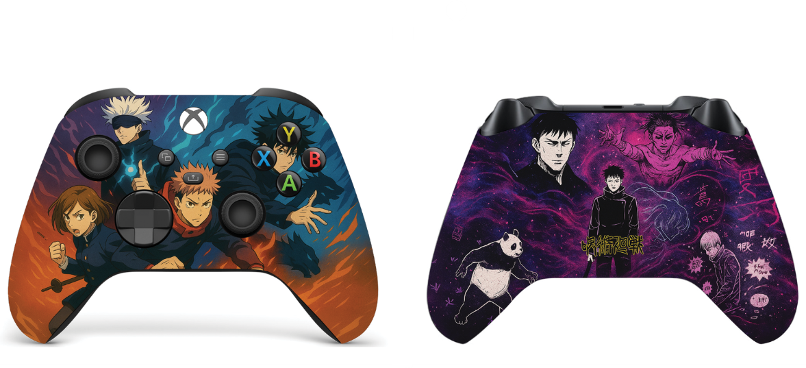 Two Xbox controller views: front with dark anime scene art, and rear with same skin