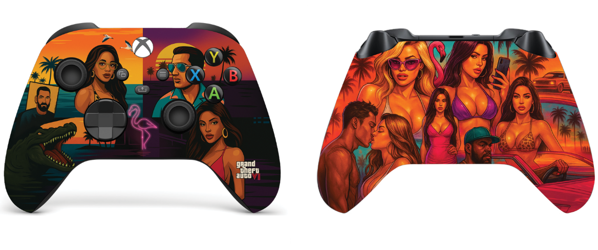 Xbox Series X/S controller shells, one with purple scene and one with red palm characters